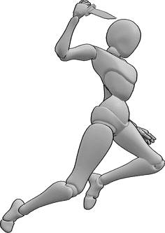 Referencia de poses- Postura de ataque con arma blanca - La hembra está a punto de atacar, sosteniendo una daga en su mano derecha y saltando alto para clavarla en algo