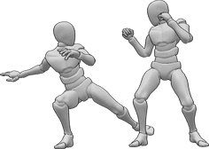 Referencia de poses- Postura de ataque con patada masculina - Macho ataca a otro macho, pateando su pierna derecha, referencia de pose de ataque de macho