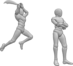 Referencia de poses- Postura de ataque con espada - El macho ataca al otro macho por detrás, salta para golpear con su espada