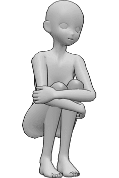 Referencia de poses- Postura en cuclillas abrazando las rodillas - Mujer anime en cuclillas, abrazándose las rodillas con las manos.