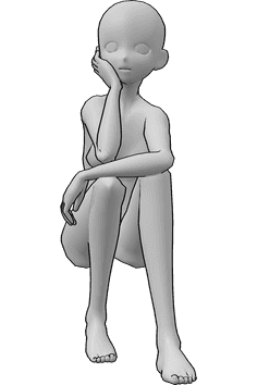 Referencia de poses- Postura de mujer anime en cuclillas - Mujer anime en cuclillas, apoyando las manos en las rodillas.