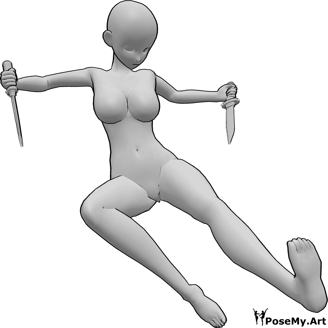 Référence des poses- Anime kick kick knife pose - Une femme animée saute et donne des coups de pied tout en tenant des couteaux dans ses deux mains.