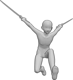 Referencia de poses- Anime ninja pose de ataque - Anime masculino está saltando, sosteniendo katanas en ambas manos y está a punto de atacar