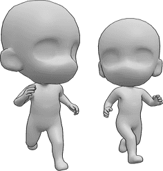 Referência de poses- Pose de Chibis a correrem juntos - Dois chibis estão a correr juntos e a olhar um para o outro