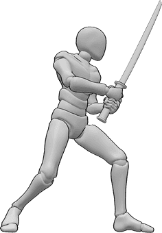 Referencia de poses- Postura con las dos manos - El hombre está de pie y sostiene la katana con ambas manos, listo para luchar.
