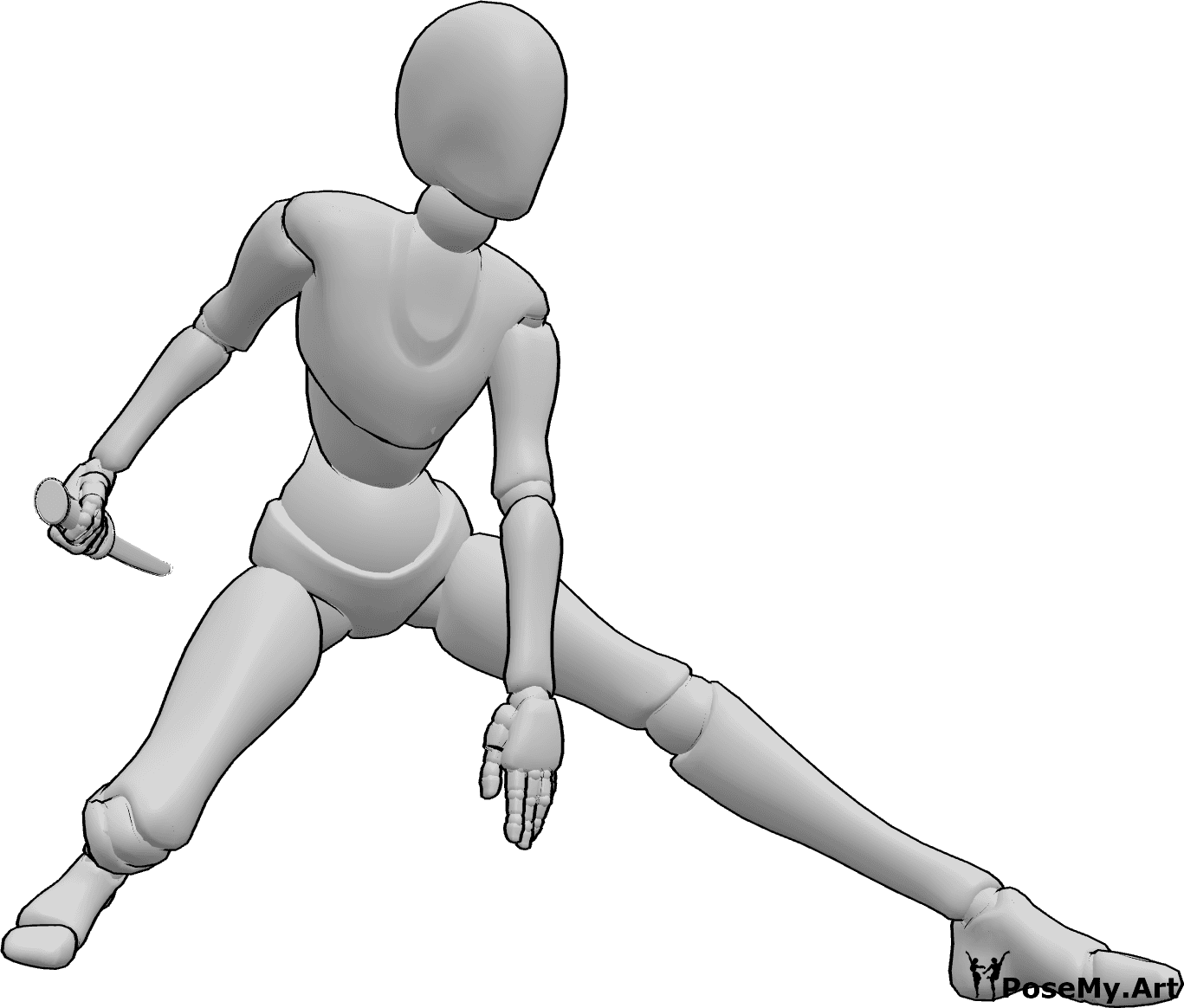 Referencia de poses- Mujer agachada sujetando una katana - Mujer agachada con una katana en la mano derecha.