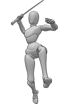 Referencia de poses- Salto sosteniendo katana pose femenina - Mujer saltando, sosteniendo una katana en su mano derecha.