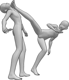 Pose Reference- Anime head kick pose - Anime male is kicking the other male in the head who is holding a knife in his right hand