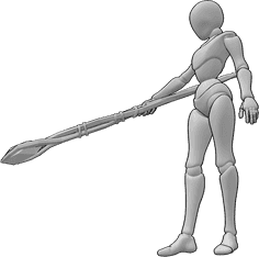 Referência de poses- Pose de mulher feiticeira - A mulher feiticeira segura um bastão na mão direita e lança um feitiço com ele