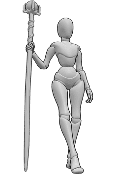 Pose Reference- Female holding magic staff pose - Female is standing and holding a magic staff in her right hand, looking forward