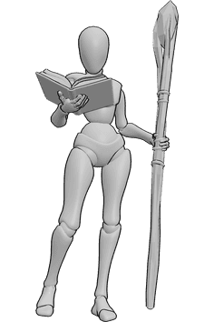 Pose Reference- Magic book mage pose - Female mage is standing and holding a magic staff in her left hand and a magic book in her right hand