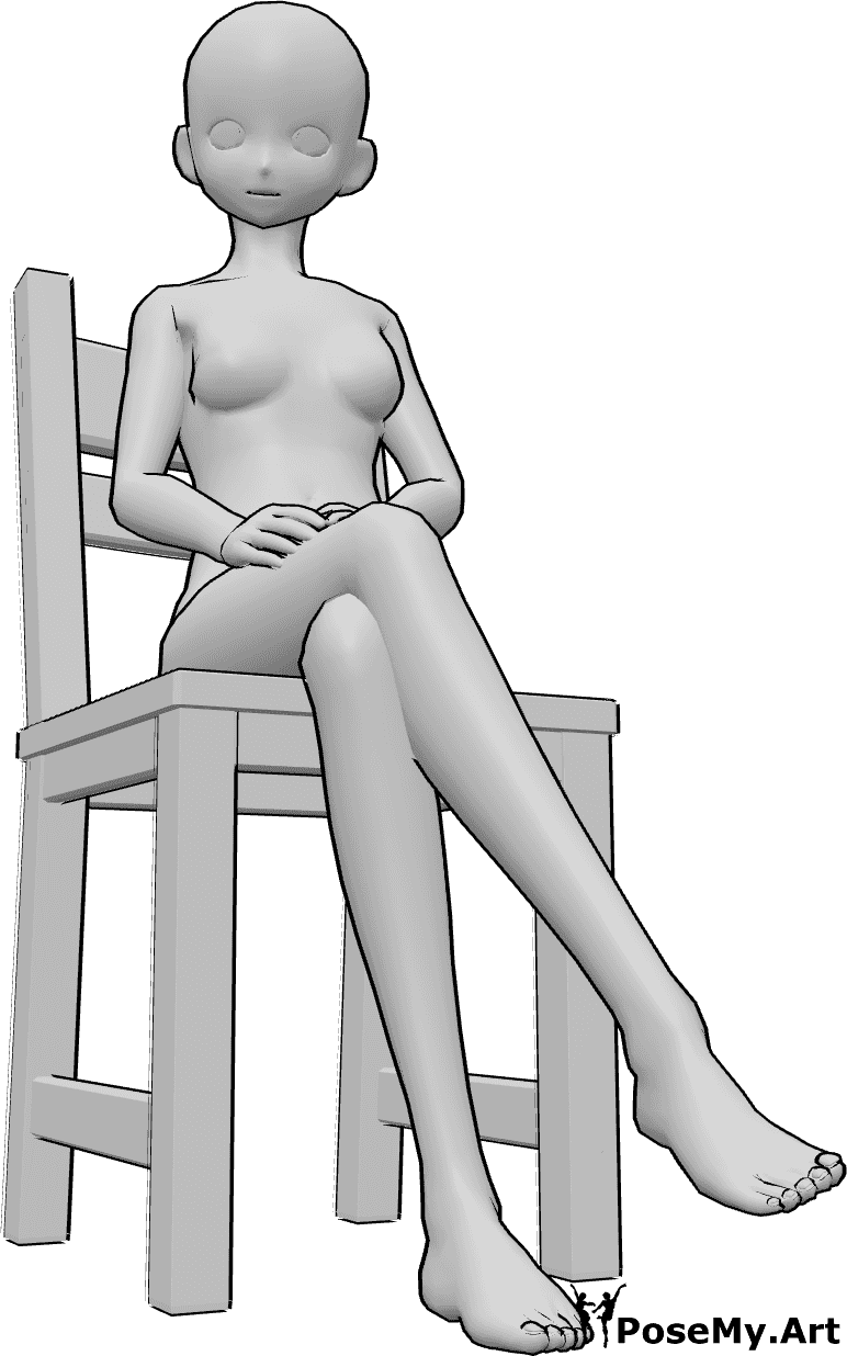 Referência de poses- Pose de corpo sentado de mulher anime - Uma mulher anime está sentada casualmente numa cadeira com as pernas cruzadas