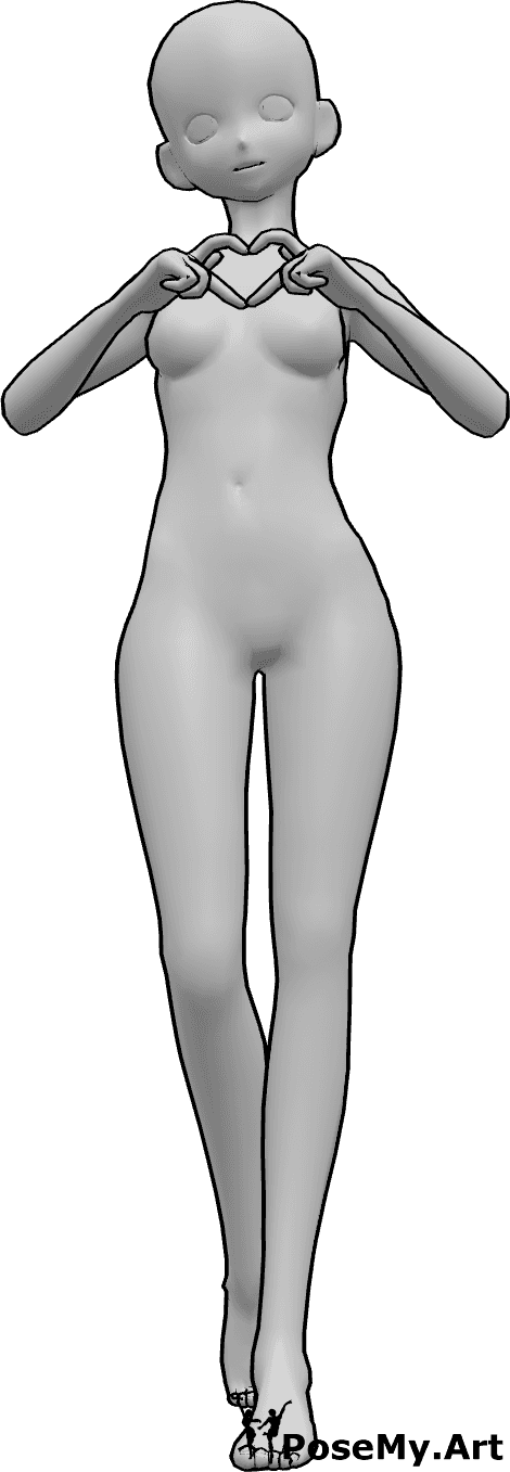 Referência de poses- Pose de coração feminina de anime - Uma mulher anime está de pé e faz um coração com os dedos
