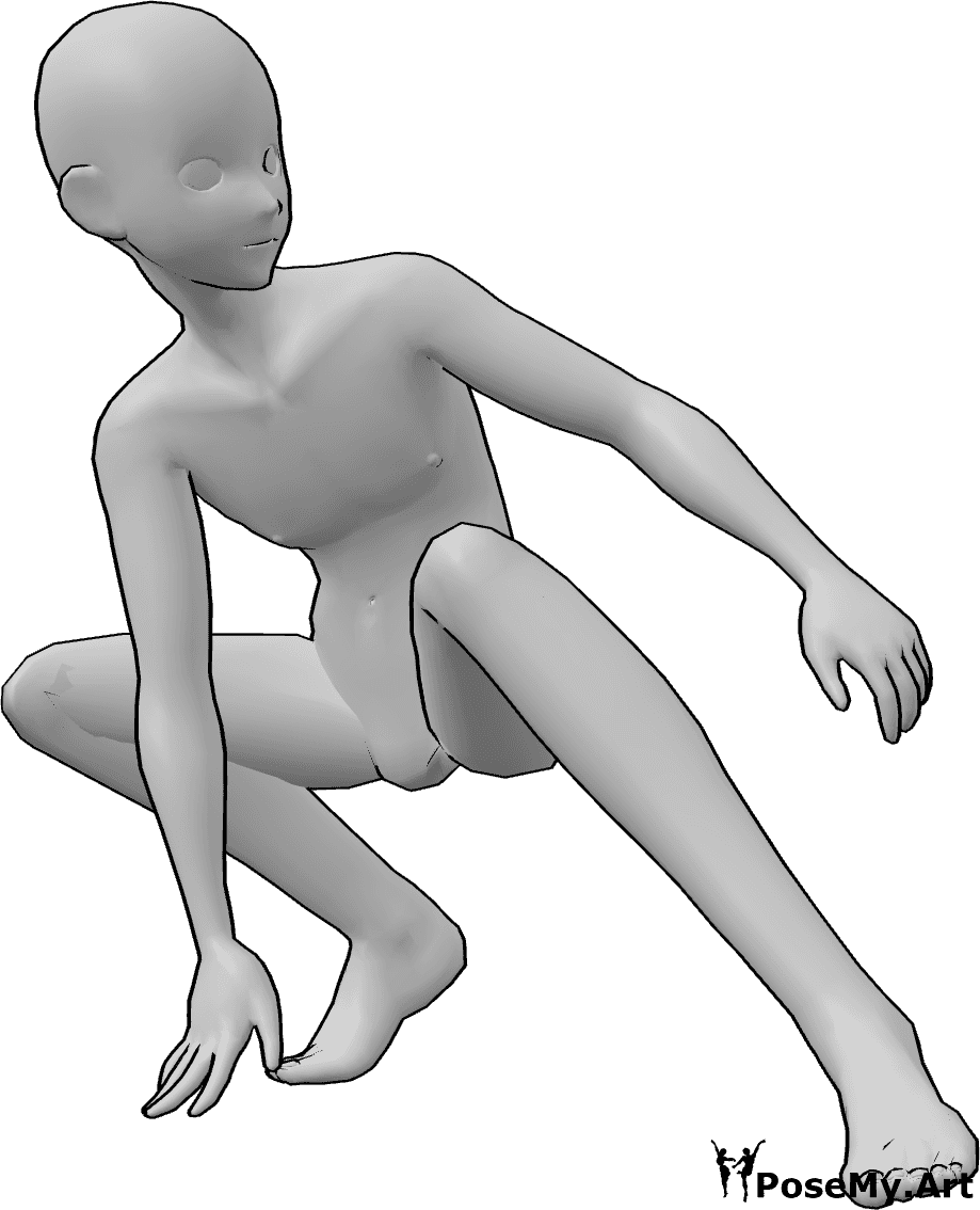 Referencia de poses- Anime masculino pose de aterrizaje - Hombre anime se agacha, aterriza, se equilibra con las manos y mira a la izquierda