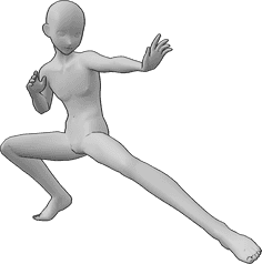Referencia de poses- Anime agachado pose de ataque - Anime masculino está agachado, está a punto de atacar, listo para luchar pose