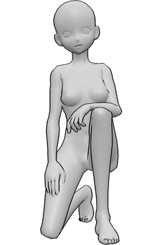 Referencia de poses- Anime de rodillas en cuclillas - La mujer anime está arrodillada, agachada casualmente, mirando hacia delante