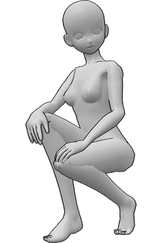 Referencia de poses- Postura informal de anime en cuclillas - Mujer anime agachada, apoyando las manos en las rodillas y mirando a la izquierda.