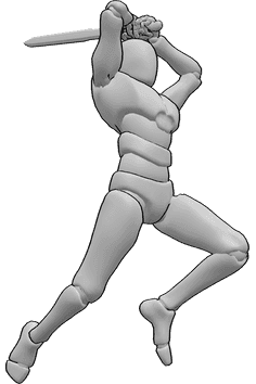 Référence des poses- Homme sautant en se balançant - L'homme saute et brandit son épée à deux mains.