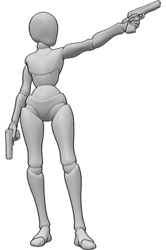Riferimento alle pose- Posa di tiro con la pistola - Donna in piedi, tiene le pistole in entrambe le mani e spara con la mano sinistra