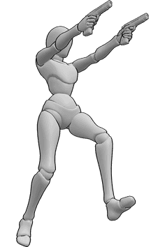 Riferimento alle pose- Posa di ripresa in azione - La donna tiene le pistole in entrambe le mani e mira, sparando in avanti mentre salta.