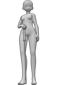 Referencia de poses- Anime femenino de pie katana pose - Mujer anime está de pie y se apoya en su katana con la mano derecha