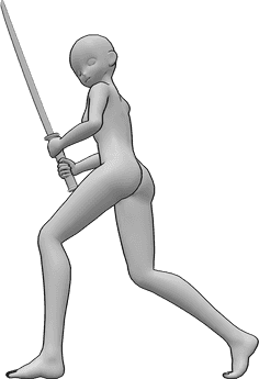 Referencia de poses- Anime sosteniendo katana mirando pose izquierda - Anime femenino está de pie y sostiene una katana con ambas manos, mirando a la izquierda