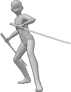 Referencia de poses- Anime masculino katana pose - Anime masculino de pie y sosteniendo katanas en ambas manos, listo para atacar