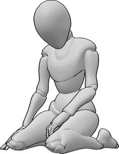 Riferimento alle pose- Donna in posizione seduta e triste - Donna seduta tristemente, inginocchiata a terra e con lo sguardo rivolto verso il basso