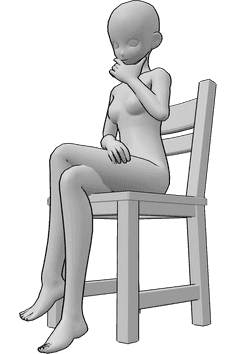 Referência de poses- Anime feminino sentado a pensar - A mulher anime está sentada na cadeira com as pernas cruzadas e a pensar