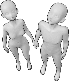 Pose Reference- Couple looking up pose - Anime female and male couple is looking up, holding each others hands