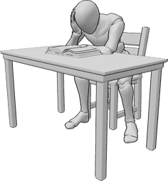 Riferimento alle pose- Uomo stanco in posa di lettura - L'uomo è seduto a leggere al tavolo, tenendosi la testa, stanco e mezzo addormentato.