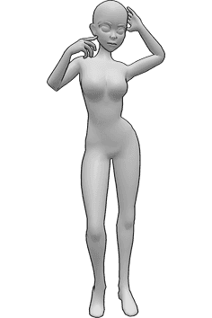 Referência de poses- Pose de cabelo de mulher de anime - Pose de anime feminina com as mãos no cabelo