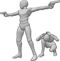 Referencia de poses- La protección de las armas de puntería plantea - El hombre está de pie y apuntando con dos pistolas, protegiendo a la mujer que está agachada y cubriéndose la cabeza.