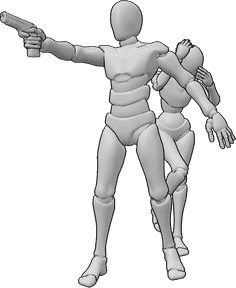 Referencia de poses- Proteger el arma de puntería - El hombre está de pie y apunta con su arma para proteger a la mujer que está detrás de él.