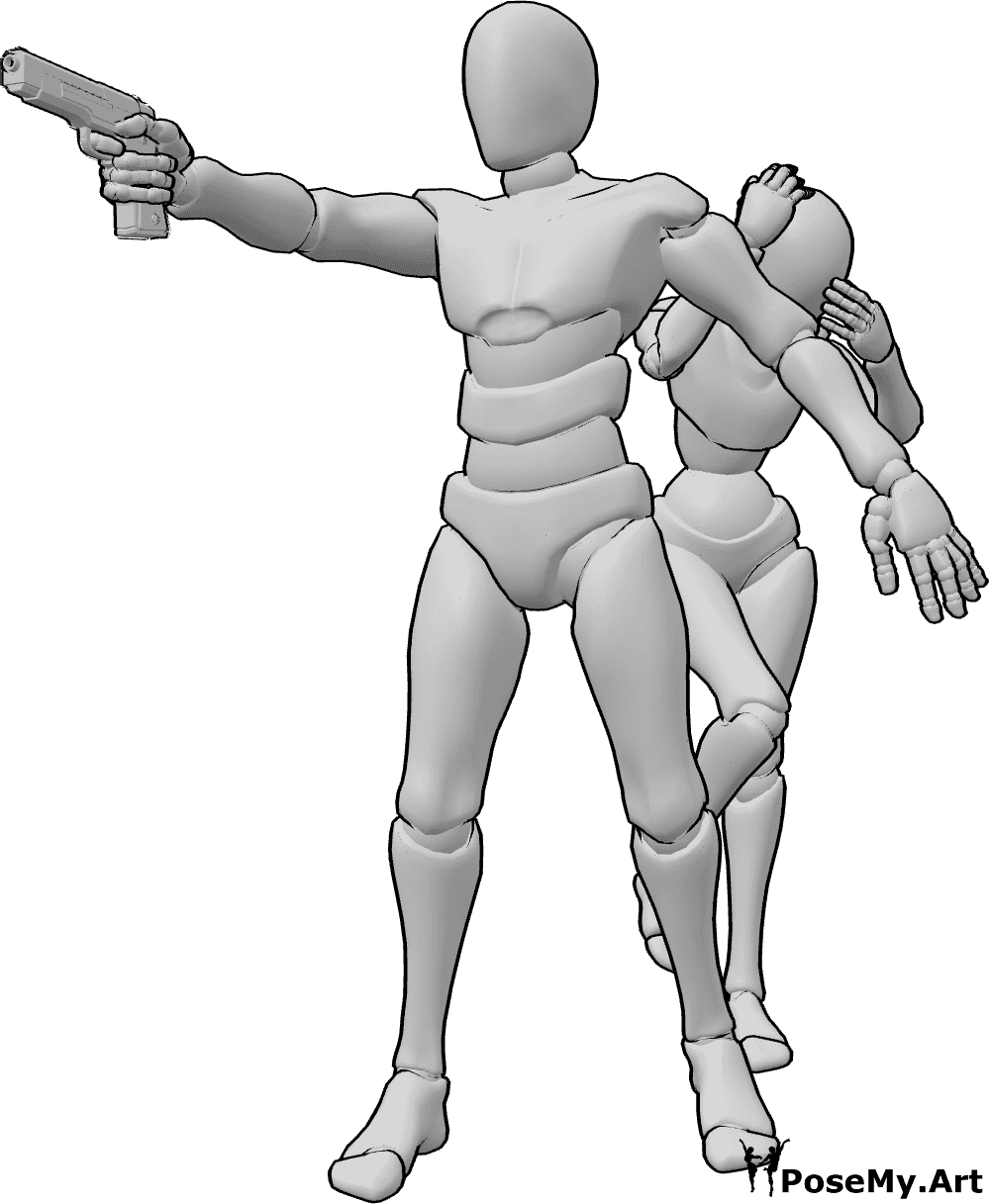 Referencia de poses- Proteger el arma de puntería - El hombre está de pie y apunta con su arma para proteger a la mujer que está detrás de él.
