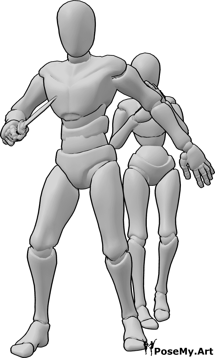 Referencia de poses- Cuchillo protector pose femenina - El macho está de pie y sostiene un cuchillo, listo para luchar para proteger a la hembra detrás de él