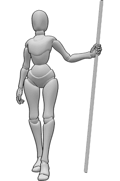 Référence des poses- Tenue du personnel pose féminine - Femme tenant un bâton dans sa main gauche pose