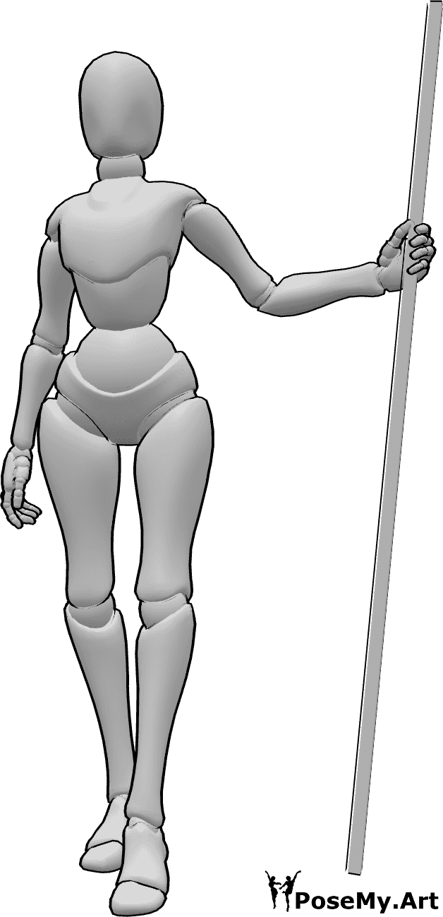 Referência de poses- Pose de mulher com bastão - Pose de mulher segurando um bastão na mão esquerda