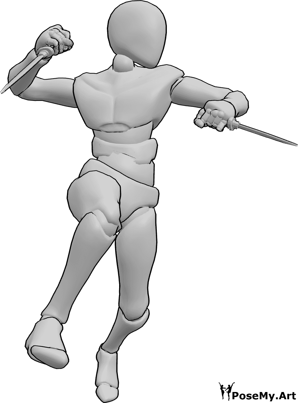 Referencia de poses- Dagas masculinas pose de lucha - Varón está saltando y atacando con dagas en ambas manos, mirando a la izquierda