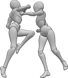 Referencia de poses- Postura de lucha dinámica femenina - Dos hembras se pelean, una de ellas salta a dar codazos, la otra da puñetazos