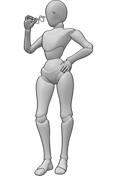 Referencia de poses- Postura con gafas - Mujer de pie sosteniendo sus gafas con la mano derecha, pose de mano.