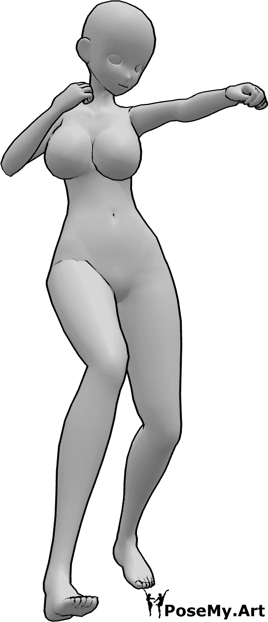 Référence des poses- Pose de coup de poing Manga - Anime femme boxe, frappe avec sa main gauche, femme manga pose dynamique