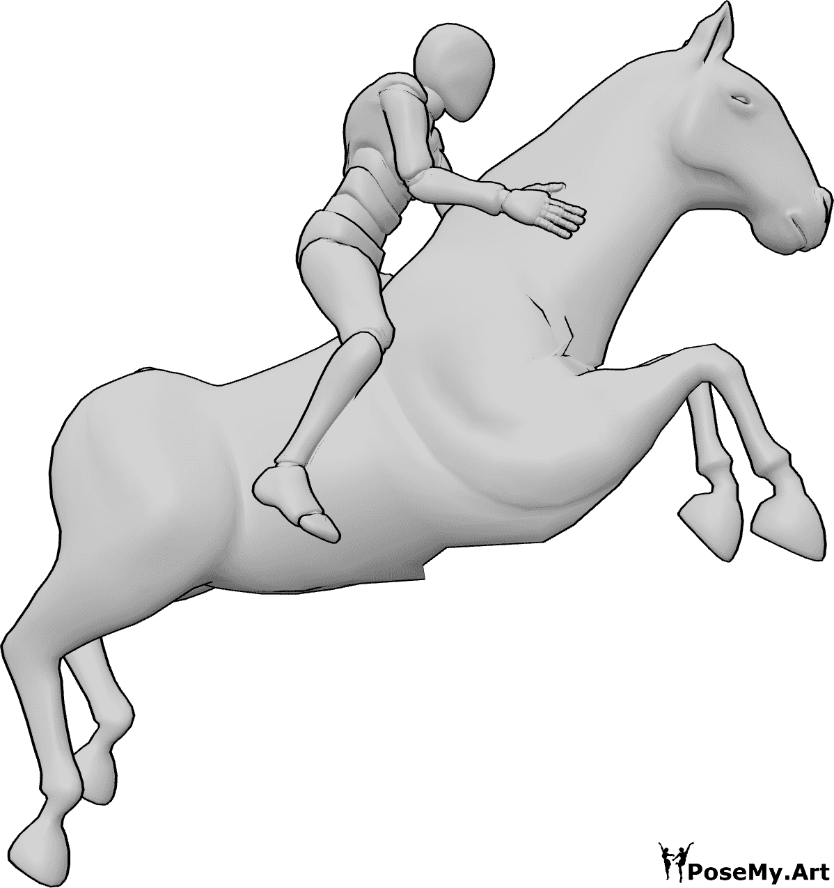 Référence des poses- Cavalier masculin en train de sauter - Cavalier sautant en hauteur avec son cheval, pose de saut de cheval