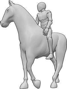 Referencia de poses- Jinete masculino caminando - El jinete está sentado en el caballo y mira hacia la derecha, el caballo camina lentamente