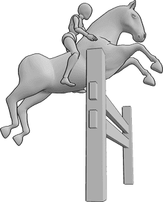 Referencia de poses- Mujer montando a caballo saltando obstáculos pose - Mujer jinete está saltando un obstáculo con su caballo, jinete femenino caballo pose
