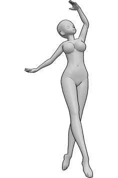 Pose Reference- Anime dancing pose - Anime female is dancing, raising her left hand and looking up