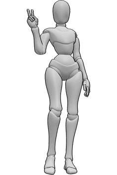 Referência de poses- Pose do dedo da paz - A mulher está de pé e faz um sinal de paz com a mão direita