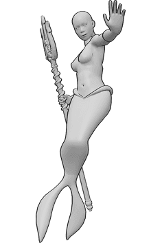 Référence des poses- Sirène tenant un trident, pose de lanceur de sorts - Siren flotte dans l'eau, tient un trident et jette un sort.