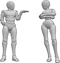 Pose Reference- Cute male pose - Male is standing and blowing a kiss to the female, who is standing with crossed arms