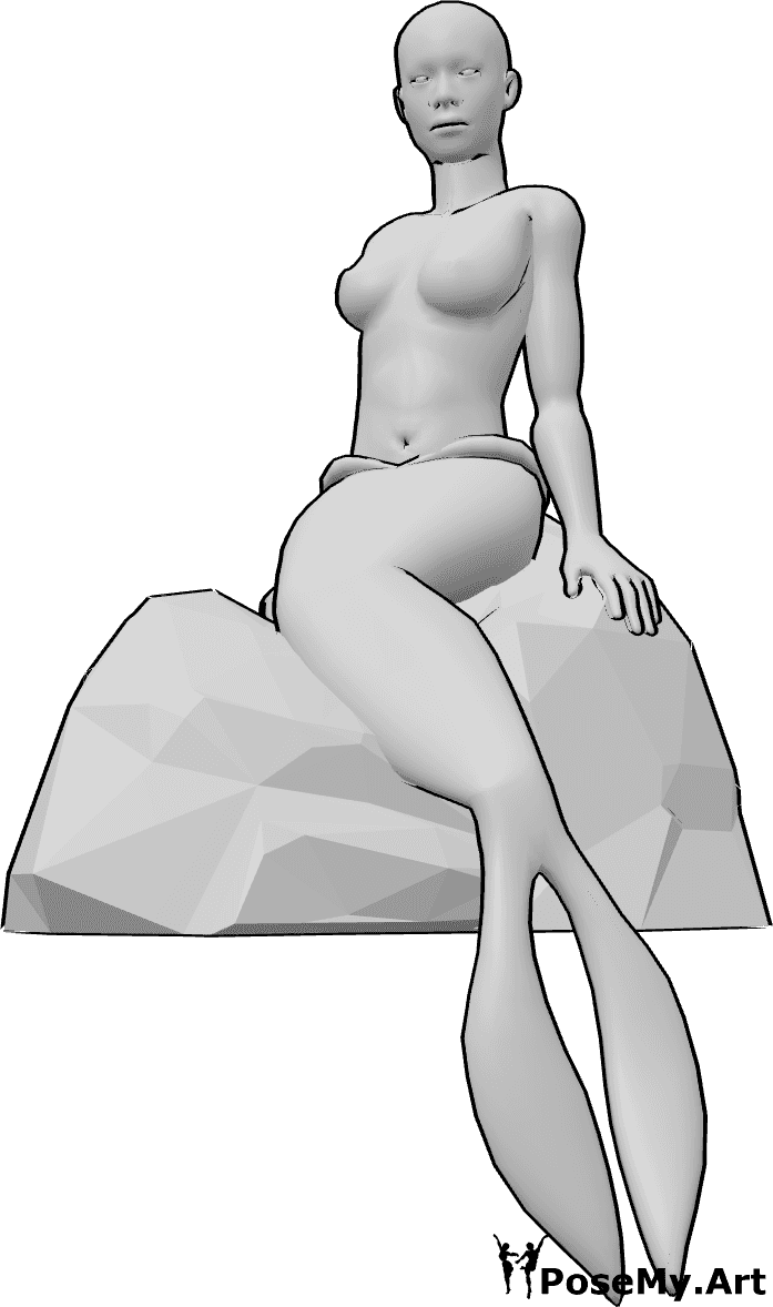 Riferimento alle pose- Posa seduta con coda di sirena - Femmina sirena è seduta su una pietra, coda di sirena posa seduta